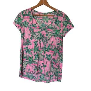Lilly Pulitzer Etta V-Neck T-Shirt Womens Medium Pink Tropical Palm Slub Tee